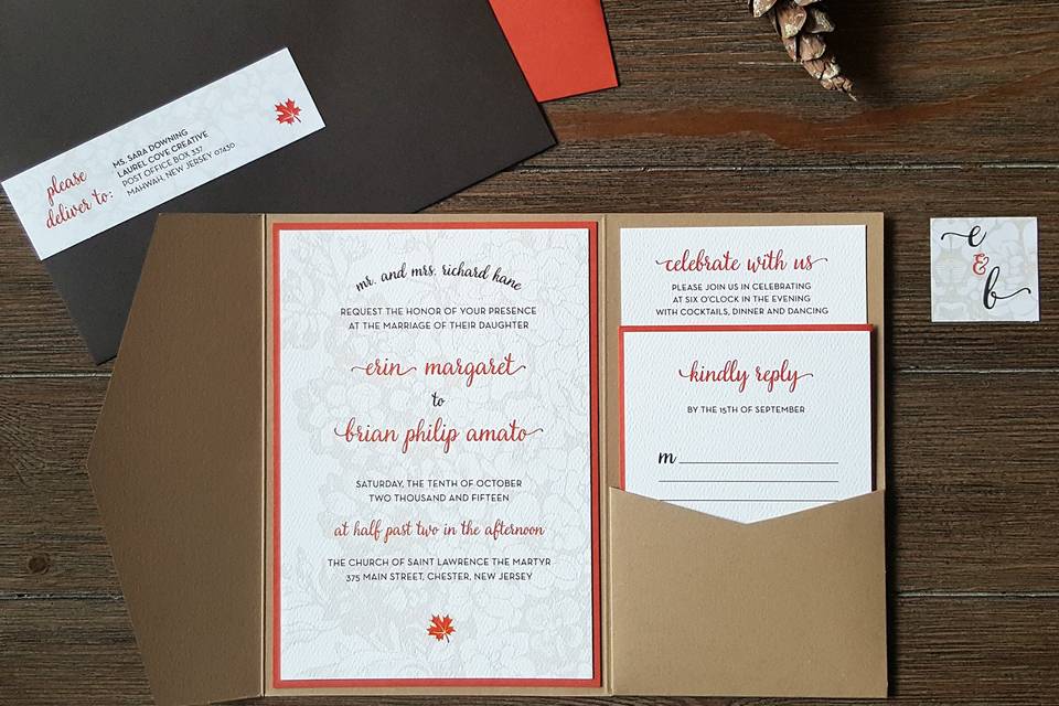 Autumn themed pocketfold invitation features fall tones and simple type layout