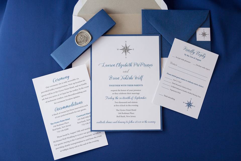 Nautical inspired invitation suite complete with wax seal belly band