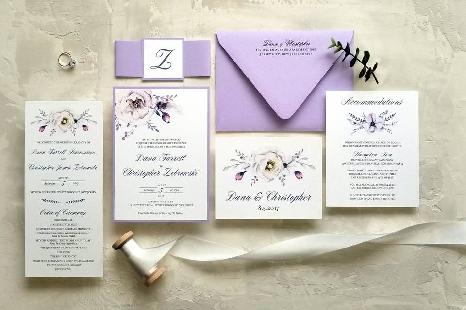 Watercolor floral and lavender invitation