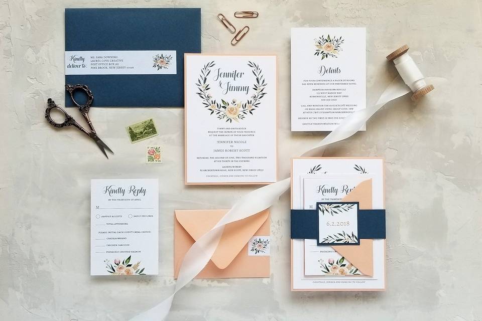 Watercolor peach & navy suite