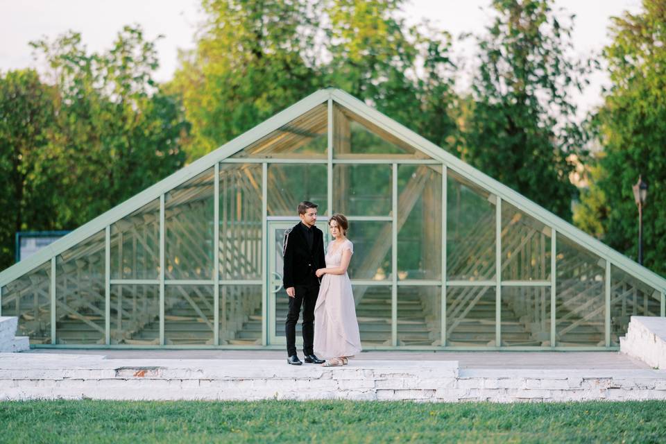 Engagement shoot in orchards