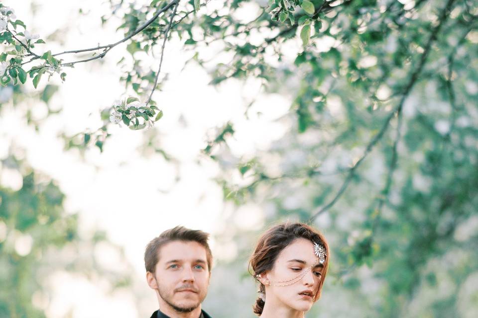 Engagement shoot in orchards