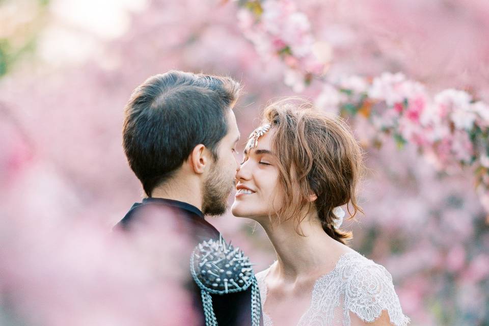 Engagement shoot in orchards