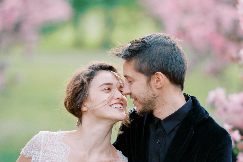 Engagement shoot in orchards