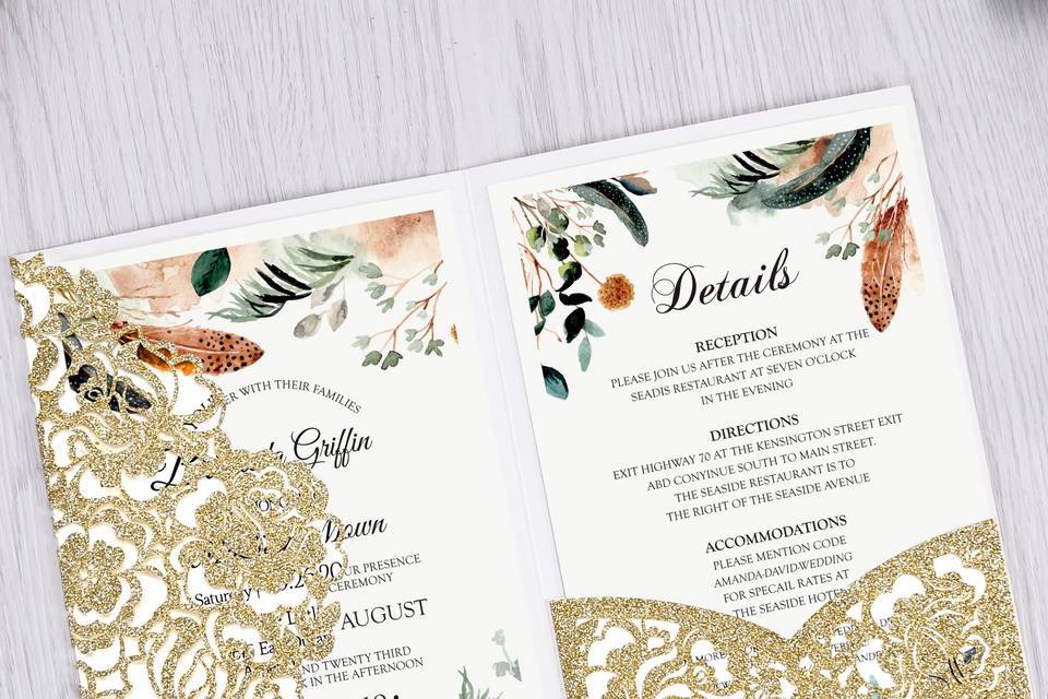 Lace Pocket Invitation - Gold