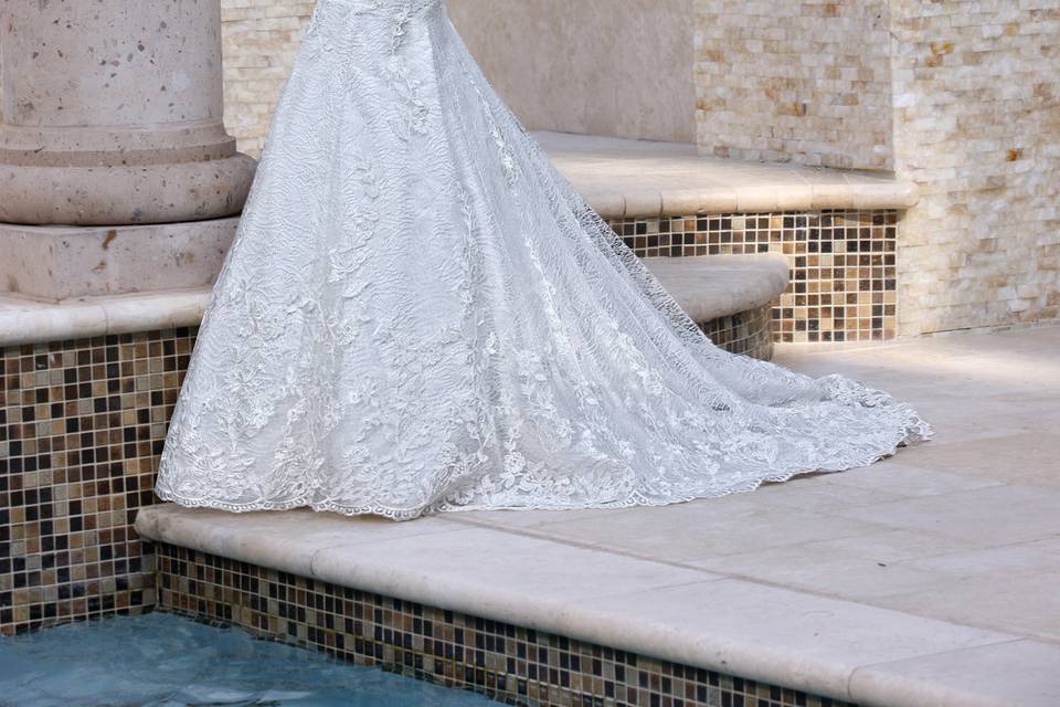 DaVinci Bridal Style #: 50359
Tulle and lace sweetheart bateau neckline with beaded trim at natural  waist. This fit and flare skirt with overall lace extends into a beautiful open lace up back.