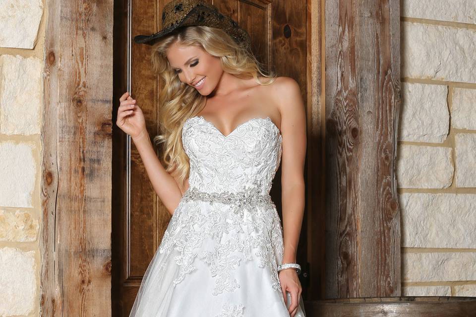 DaVinci Bridal Style #: 50315
Tulle gown features a sweetheart strapless neckline and beaded trim at the natural waistline.  Lace appliqués cover the bodice and scatter throughout the a-line skirt.  Semi-cathedral train and buttons covering zipper back.