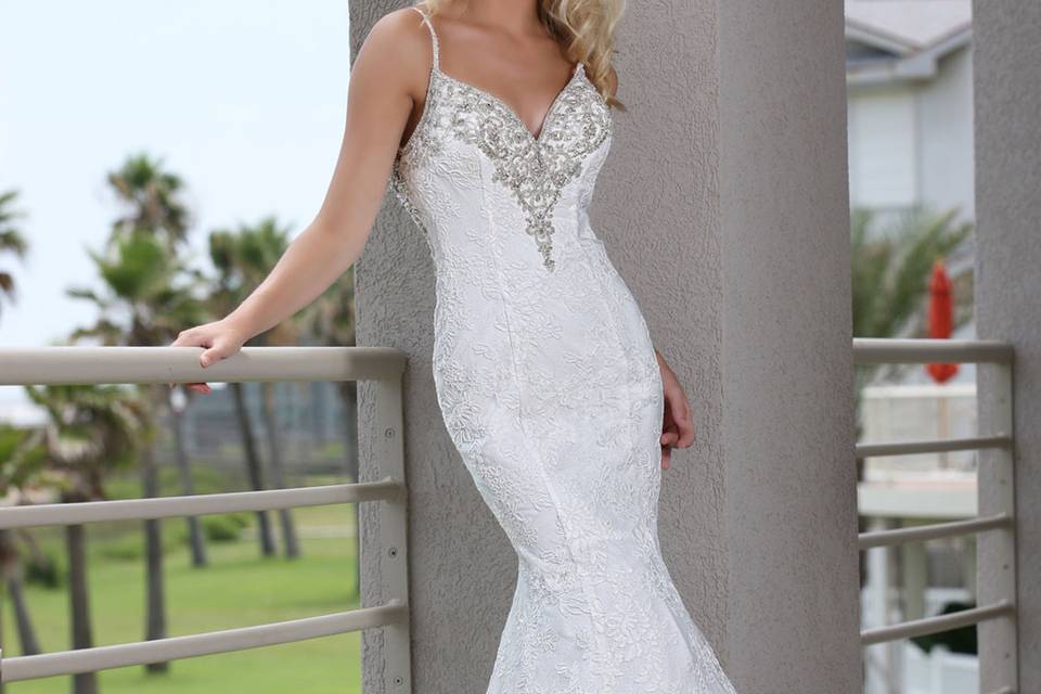 DaVinci Bridal Style #: 50254
Lace gown features spaghetti straps that extend into a plunging v neckline.  Intricate beading adorns the bust.  Low scoop back accented with buttons over zipper and chapel length train.