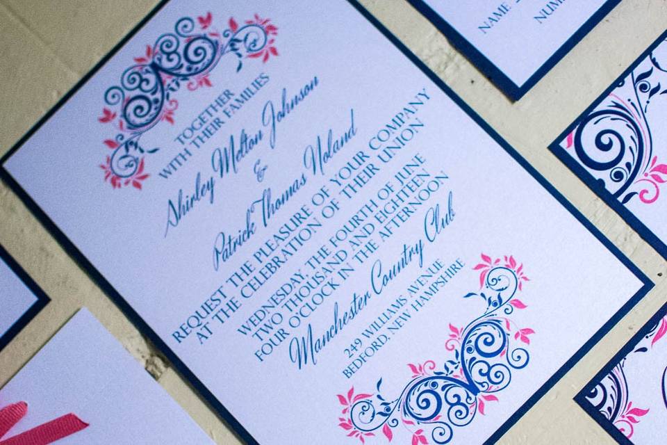 Coral & navy wedding invites