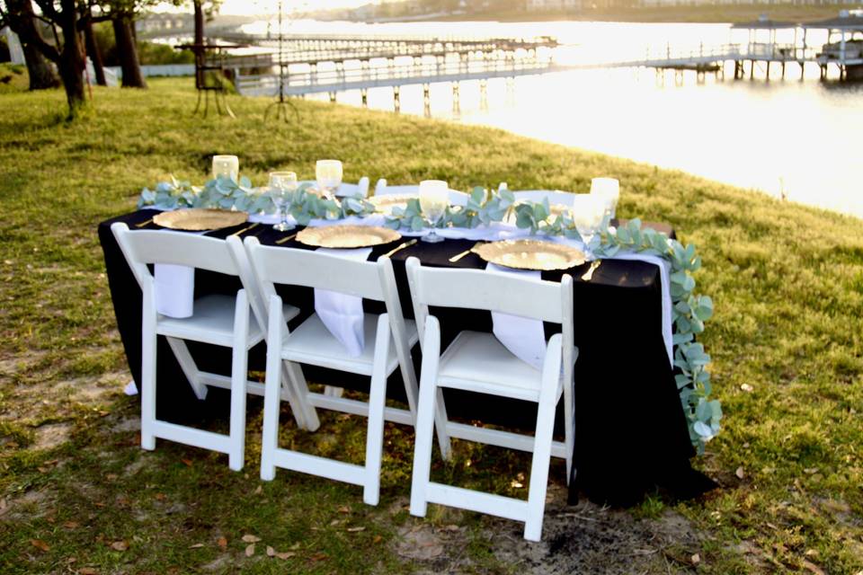 Banquet table and garden chairs