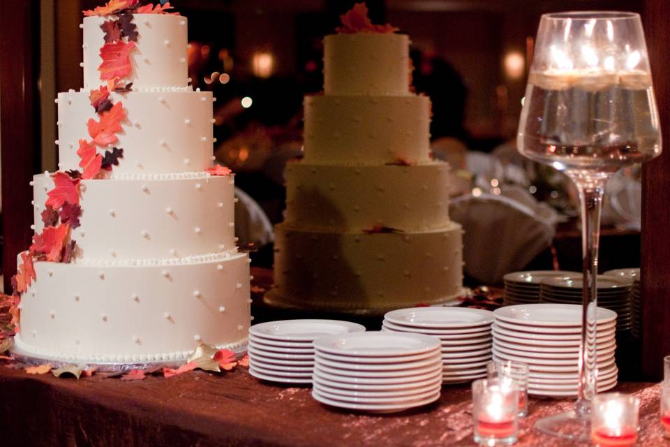 Wedding Cake at Reception in Barringer Ballroom at DoubleTree Suites by Hilton Charlotte SouthPark