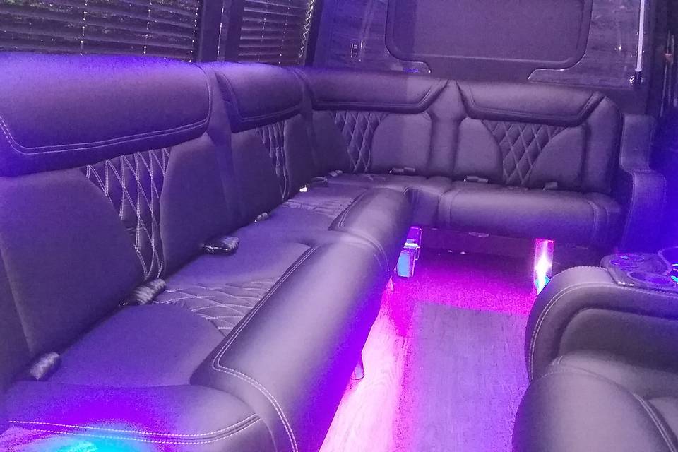 28-Passenger Party Bus with restroom, tables, leather seating, tv's and more!