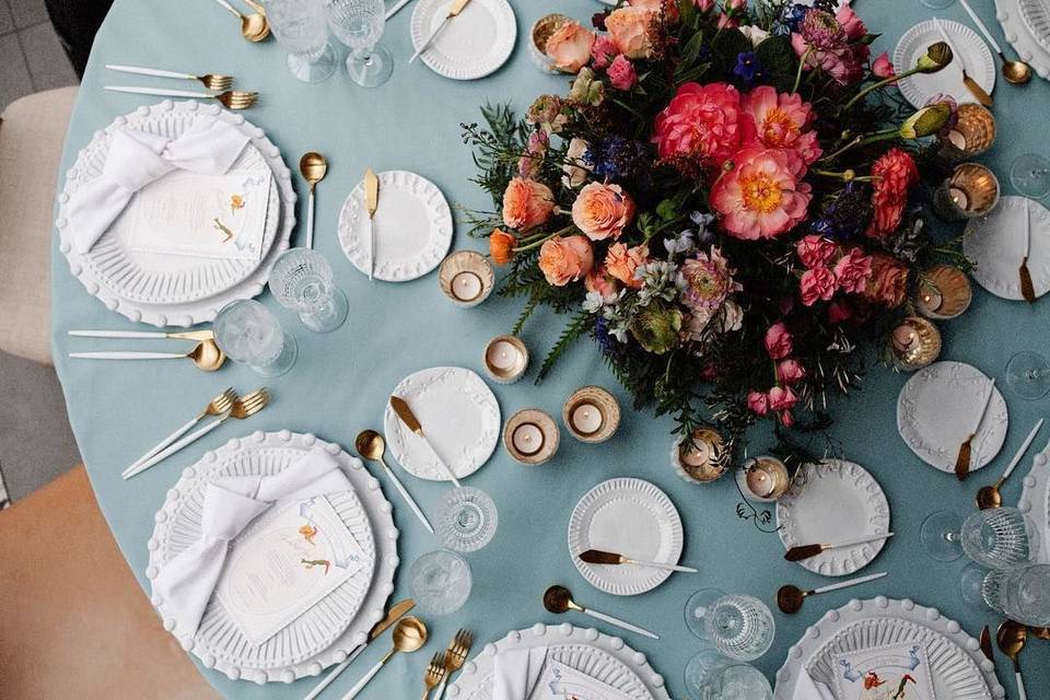 Table setup with flower centerpiece