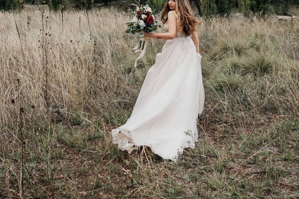 Blush vneck wedding gown.