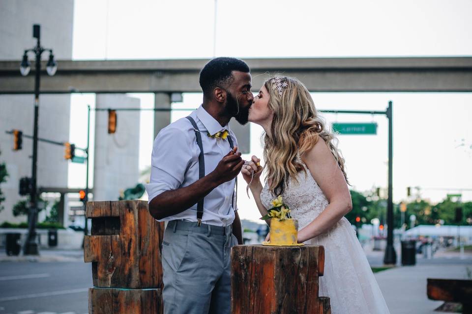 Newlyweds kissing