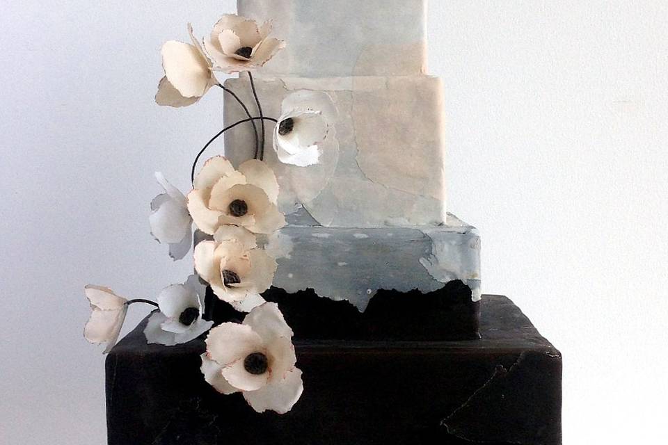 Square Torn Paper Cake with Rice Paper Flowers