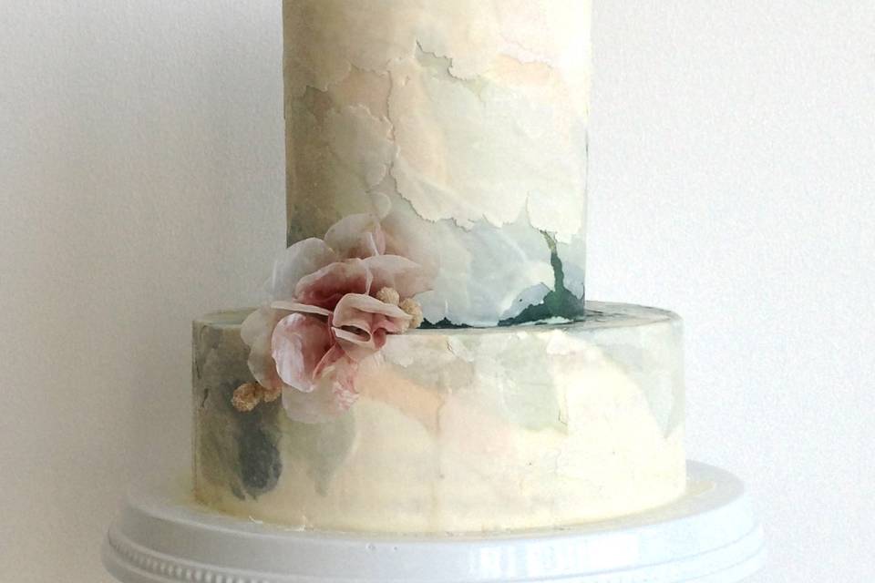 Torn Paper Cake with Watercolor Effect and Rice Paper Flower