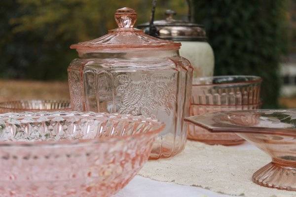 Pink depression glass, beautifulfor reception table settings