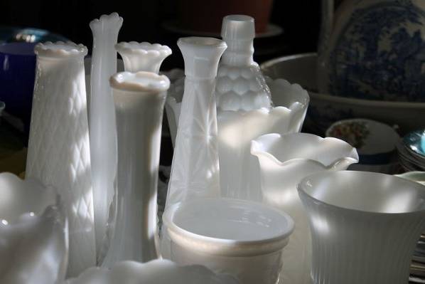 Milk glass vases, large and small