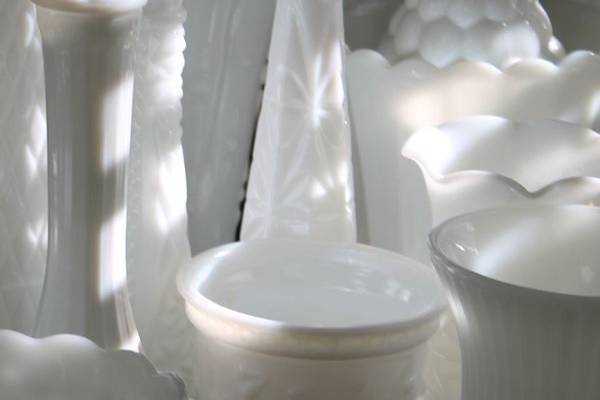 Milk glass vases, bottles, candy dishes, we have a huge collection of milk glass for rent