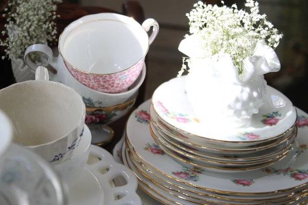 Mix and match vintage pink china and milk glass