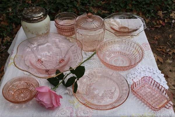 Pink depression glass is so pretty, add a piece here in there on each table