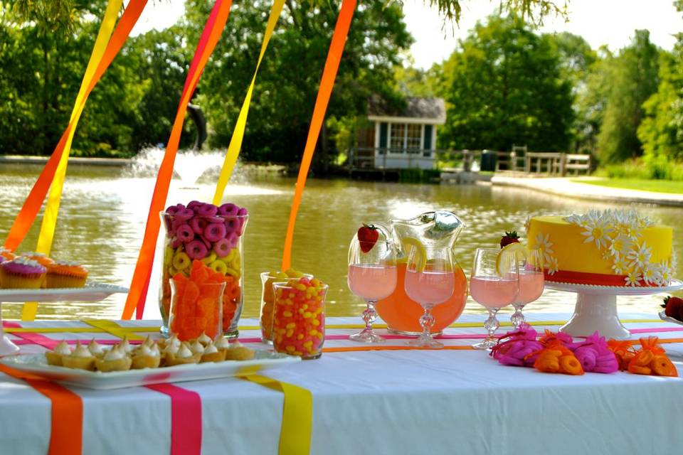 Dessert table in the park featuring Pink, Yellow and Orange Italian Ring Cookies to go with the color scheme.