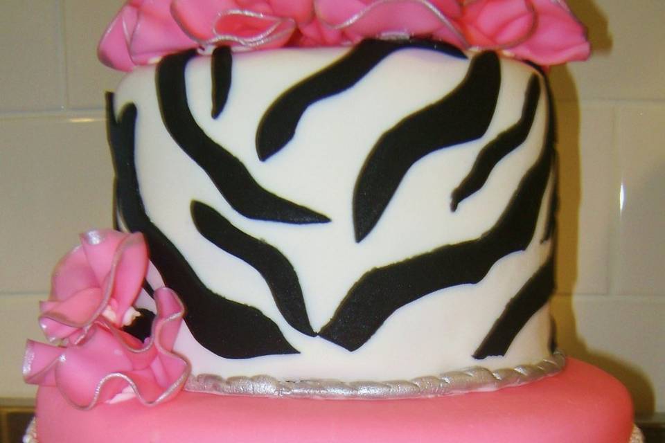 Pink and Zebra Striped Cake with touches of Silver and Pearl!