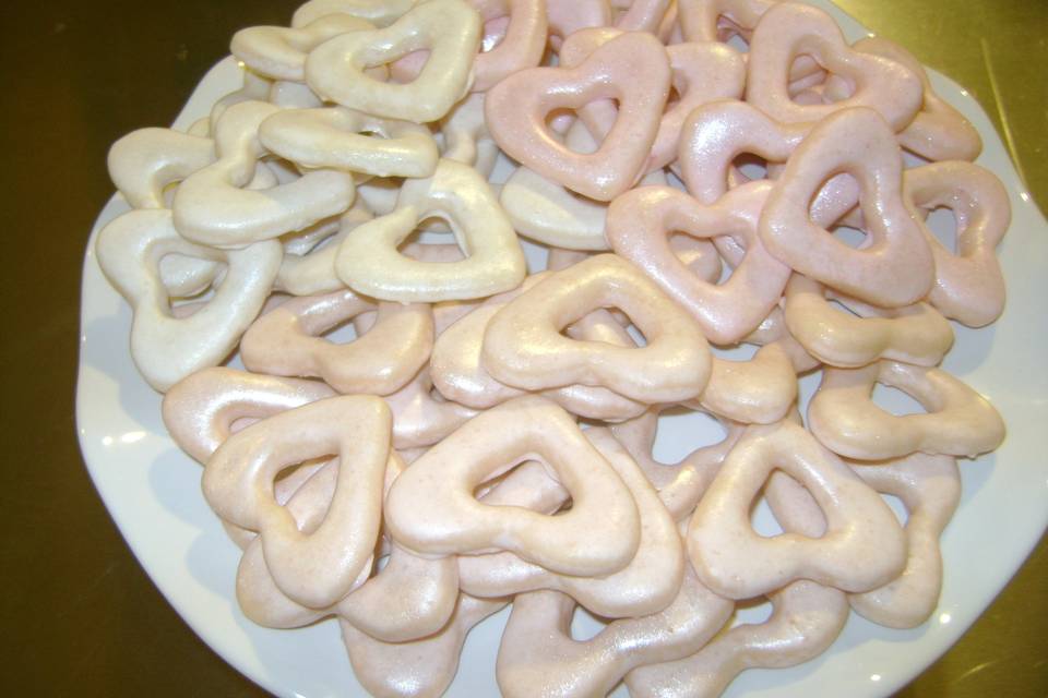 Italian Ring Cookies glazed Pale, Pink, White and Beige. Heart Shaped and Pearl Dusted.