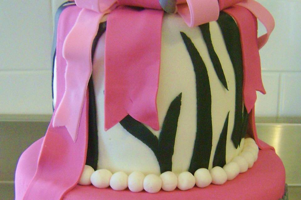 Two Tiered Birthday Cake in Pink and Zebra Print.