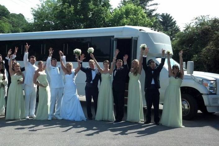 The couple with the bridesmaids and groomsmen