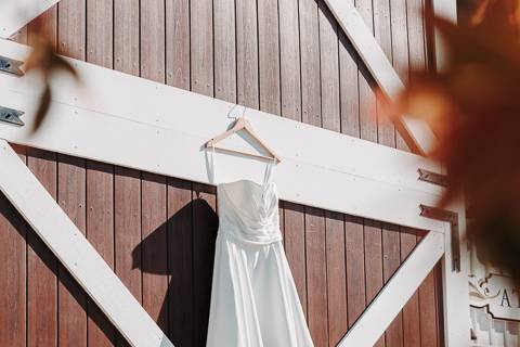 Wedding dress on barn