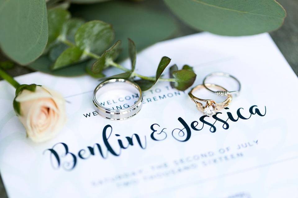 Wedding rings and invitation