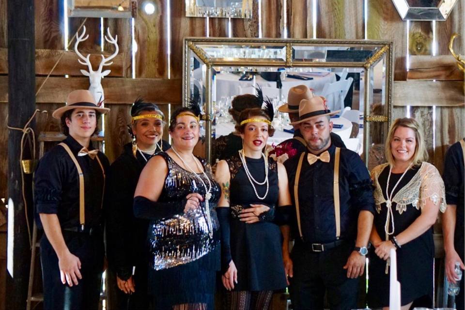 Part of our staff dressed up for the Prohibition themed wedding!