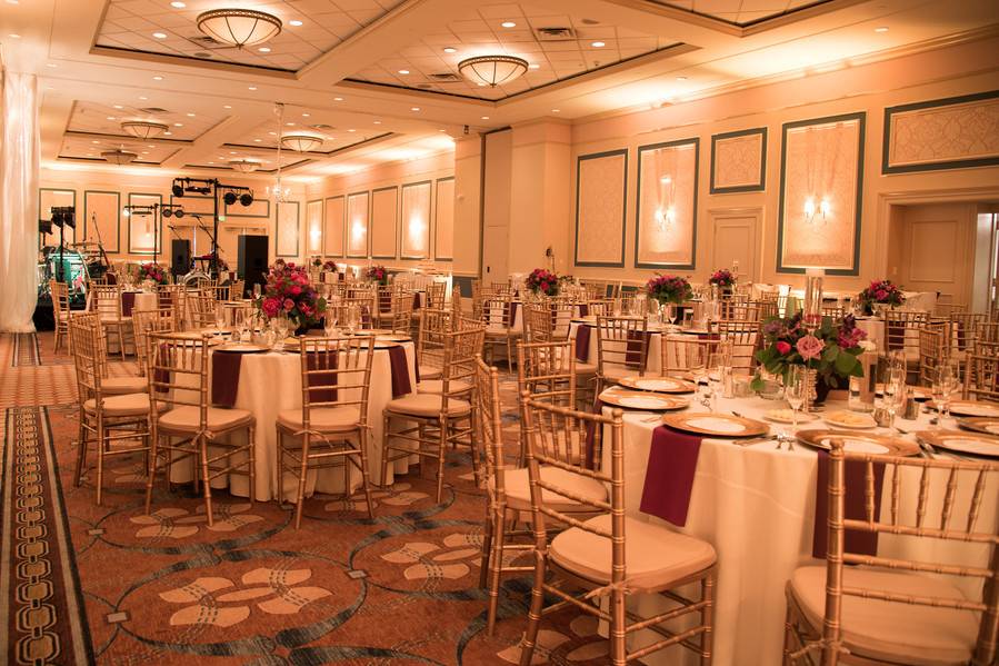 Reception area with red accents