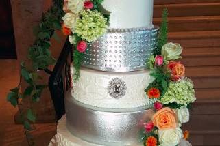 White and silver wedding cake