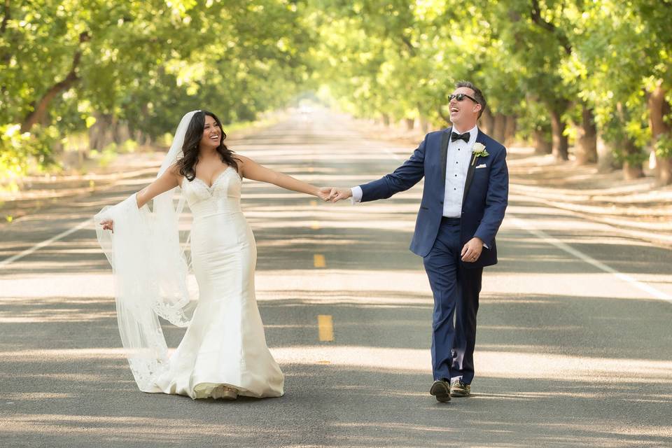 Couple walking down street