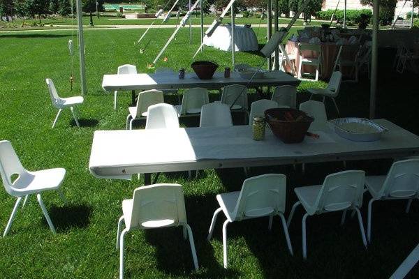 Each table will seat approx. 10-12 using our adorable white children's chairs.