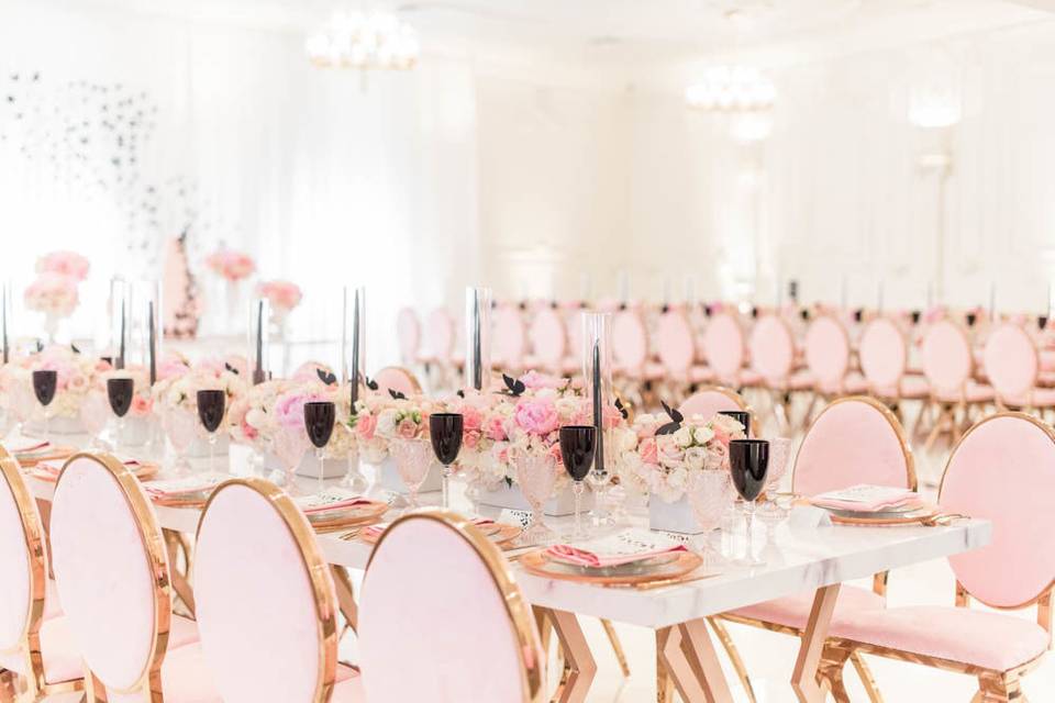 Pink seats and black decor