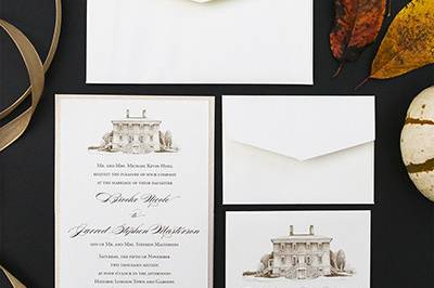 Historic London Town and Gardens hand drawn wedding invitation