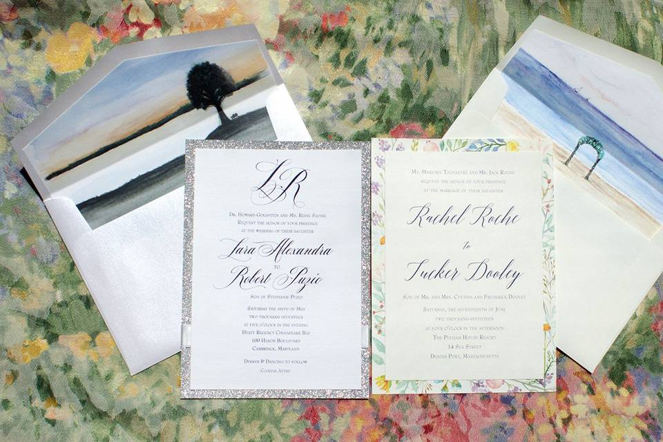 Invitations with watercolor accents and envelope liners