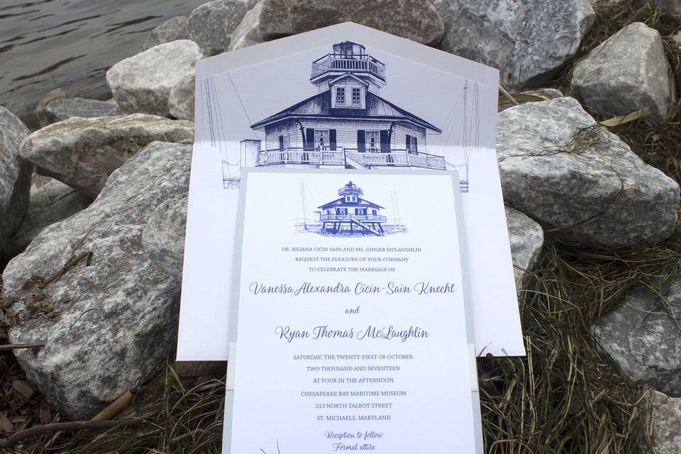 Chesapeake Bay Maritime Museum Lighthouse hand drawn on wedding invitation ensemble