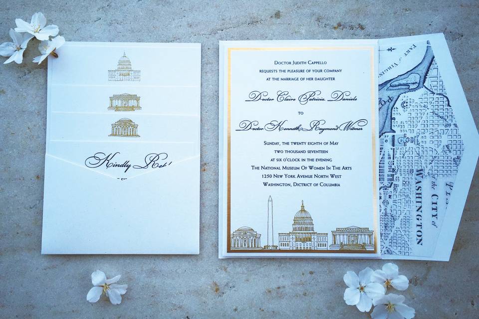 Washington D.C. wedding invitation suite with hand drawn D.C. landmarks