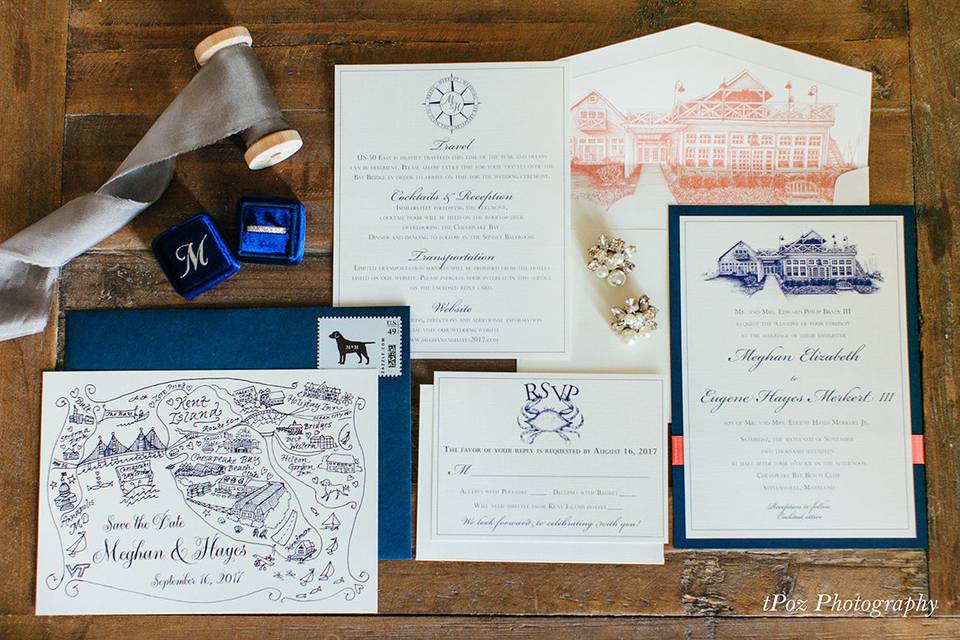 Chesapeake Bay Beach Club wedding invitation ensemble