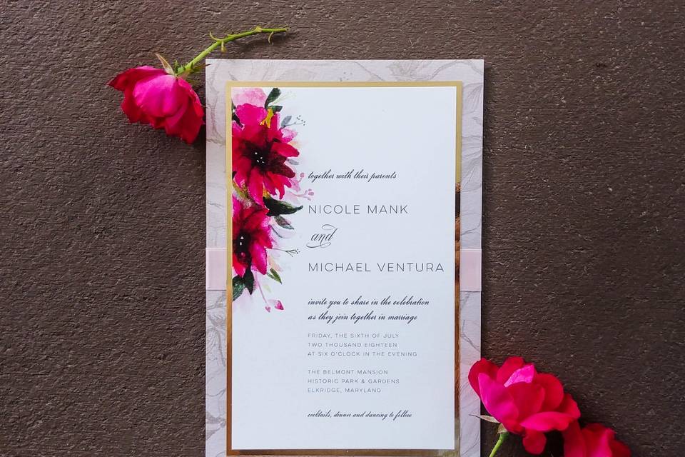 Formal invitation with hand painted florals and patterned background