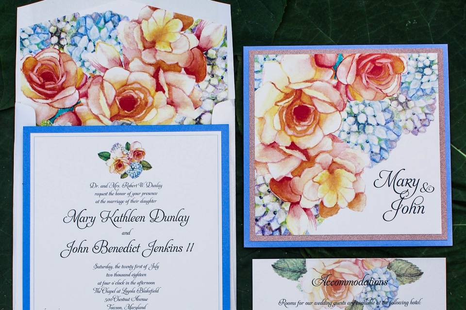 Square pocket folder with hand painted floral invitation and accessory cards