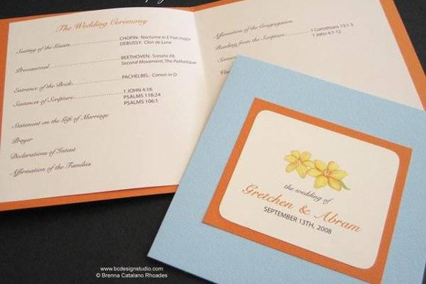 Custom Tigerlily wedding program with original artwork painted by Brenna Catalano Design Studio. Front tag with names and dates. Colors customizable.