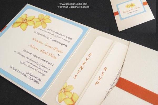 Custom Tigerlily invitation with original artwork painted by Brenna Catalano Design Studio. Pocket to hold insert cards and front tag with names and dates. Colors customizable.
