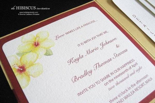 Tropical Hibiscus invitation with original artwork painted by Brenna Catalano Design Studio. Colors are customizable.