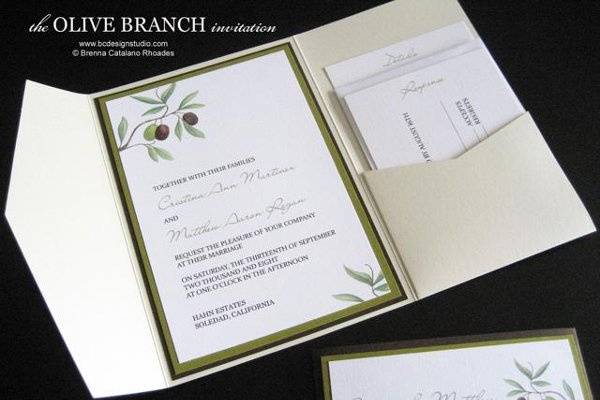The Olive Branch invitation with custom painted olive motif from Brenna Catalano Design Studio. Pocket on side to hold insert cards and belly band with names and wedding date. Color and format is customizable.